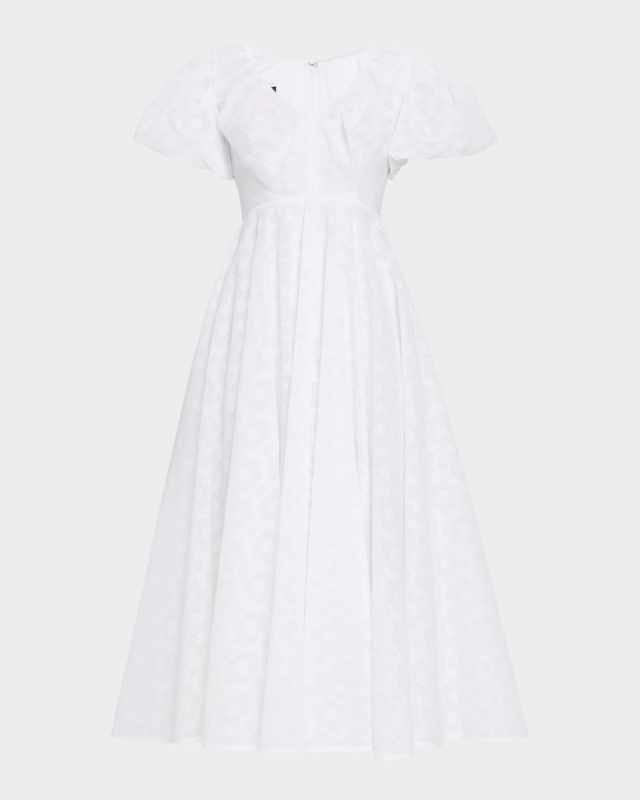 Pril Flower Organdi Puff-Sleeve Midi Dress